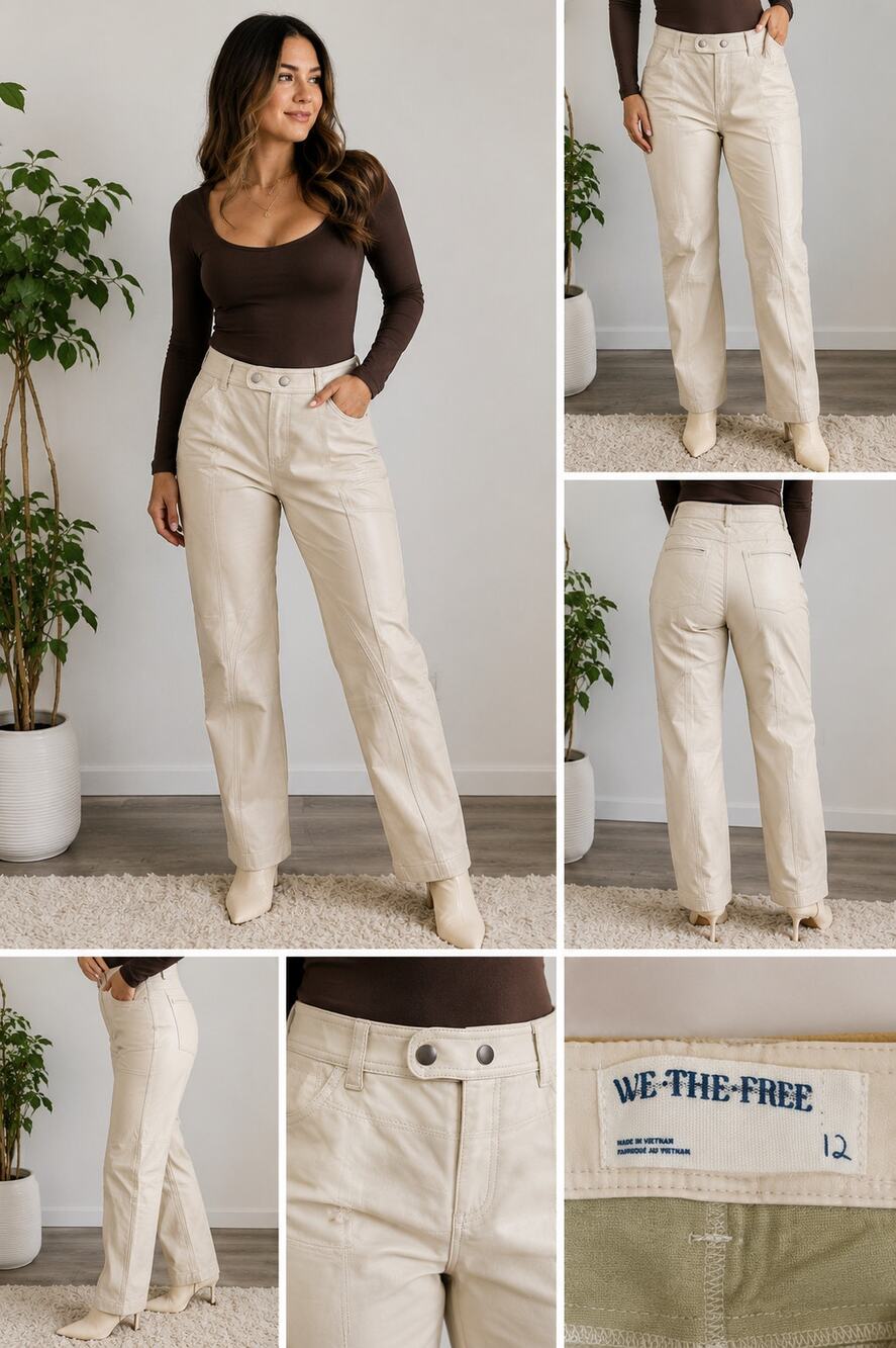 Free People We The Free Faux Leather Utility Moto Pants Cream Ivory Size 12